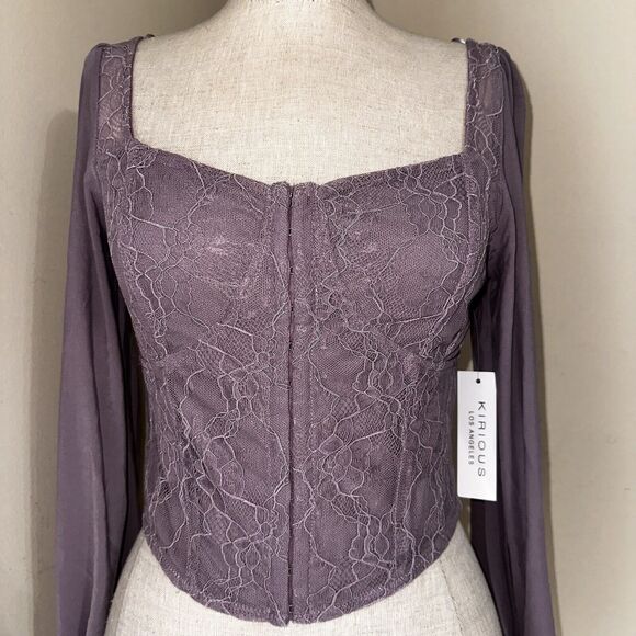 NWT Kirious Lavender Purple Cropped Lace Mesh Net Sleeves Halter Top Size Large - Picture 1 of 11